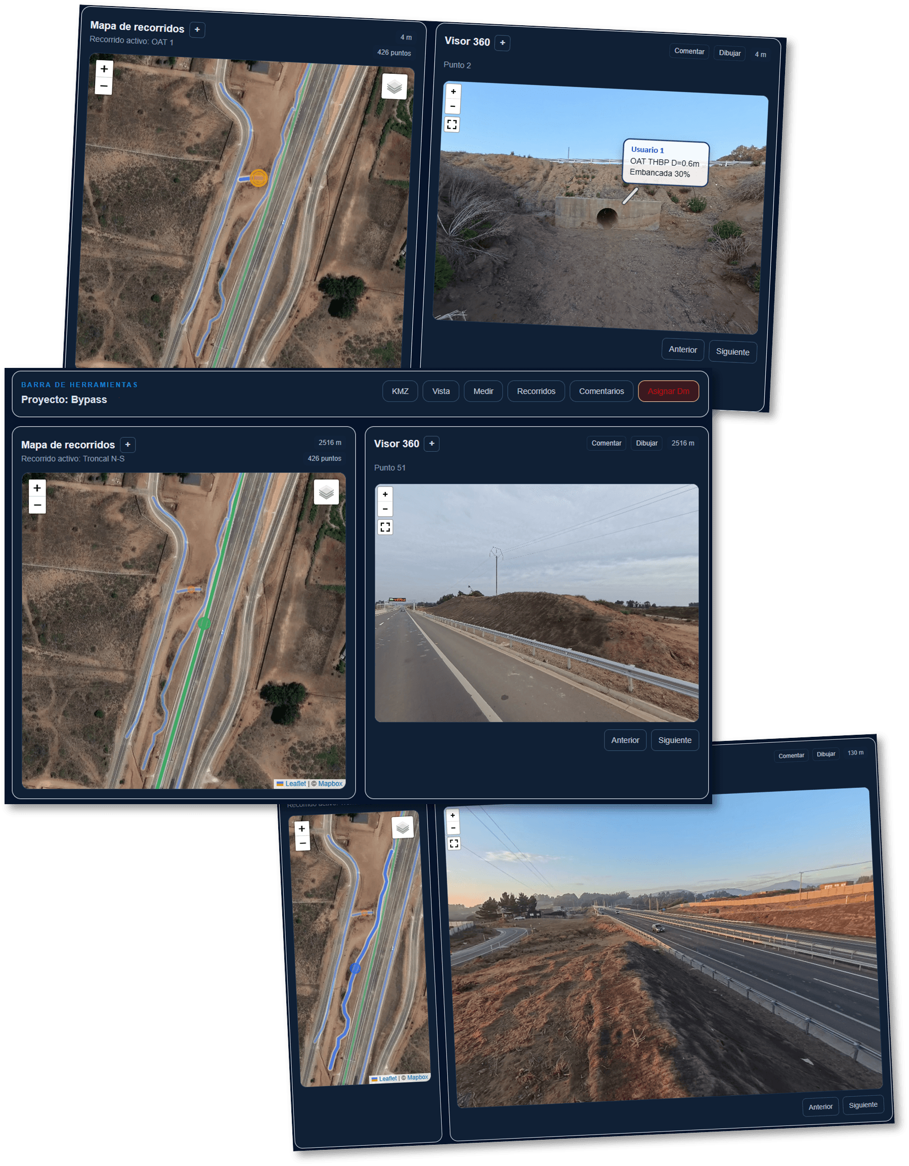 Composición de capturas de la plataforma InfraVIEW con mapa de recorridos y visor 360